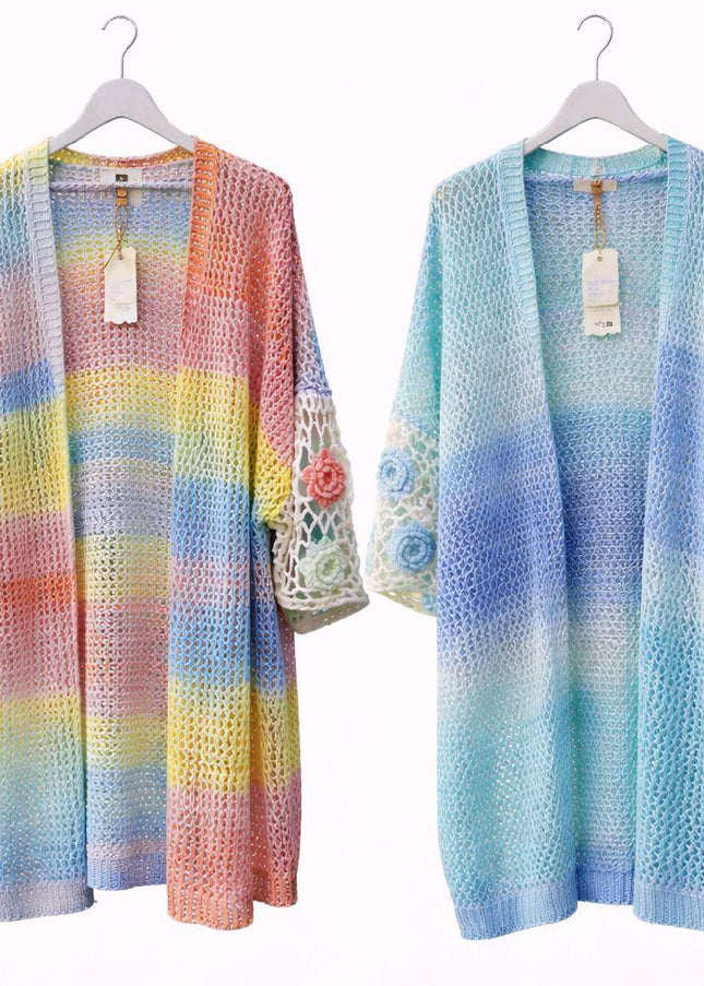 Ombre Open Knitted Cardigan With Crochet Flowers