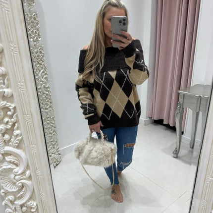 Lena ~ Bardot Argyle Long Sleeve Jumper