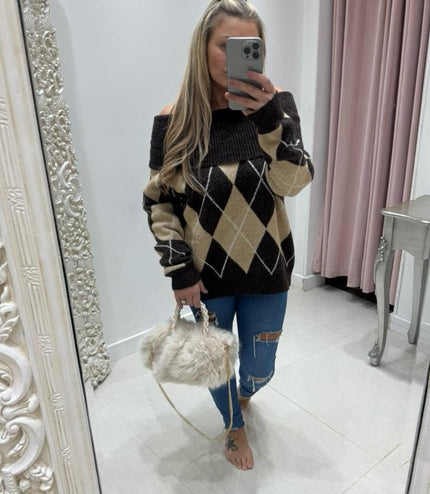 Lena ~ Bardot Argyle Long Sleeve Jumper