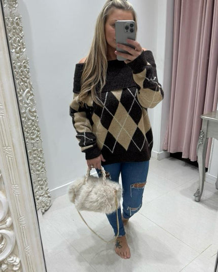 Lena ~ Bardot Off Shoulder Argyle Long Sleeve Jumper