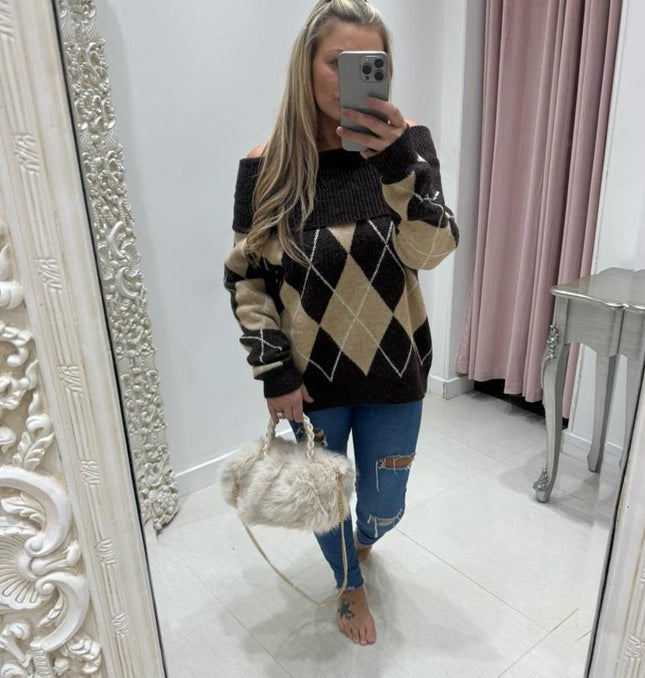 Lena ~ Bardot Off Shoulder Argyle Long Sleeve Jumper