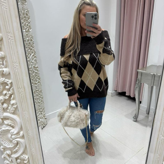 Lena ~ Bardot Argyle Long Sleeve Jumper
