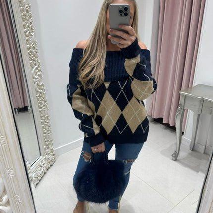 Lena ~ Bardot Argyle Long Sleeve Jumper