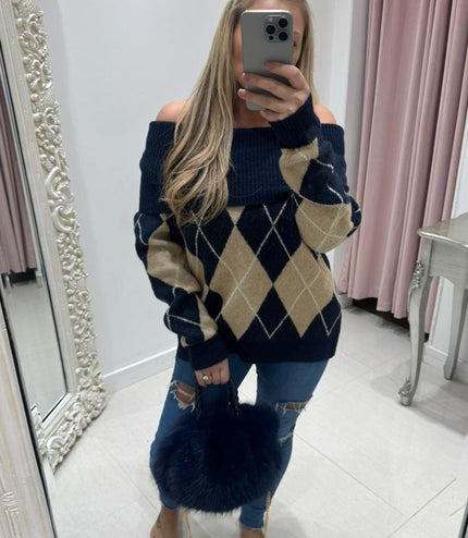 Lena ~ Bardot Argyle Long Sleeve Jumper