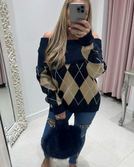 Lena ~ Bardot Off Shoulder Argyle Long Sleeve Jumper