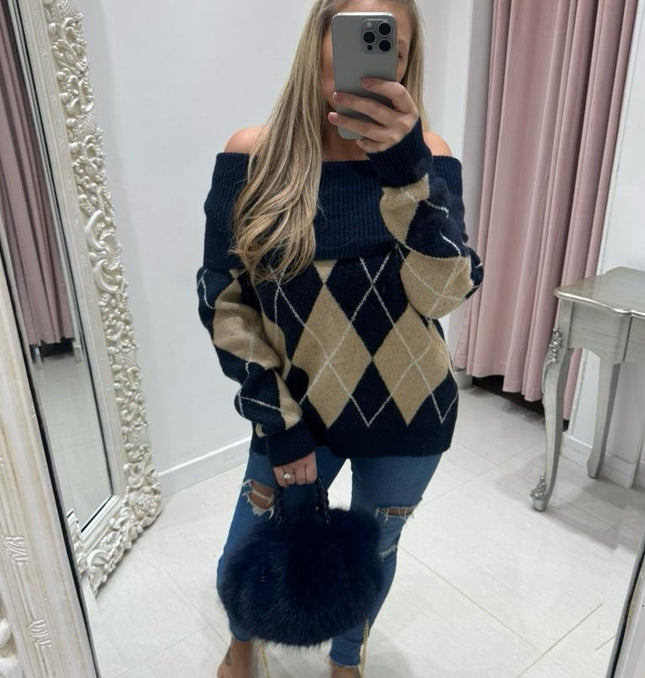 Lena ~ Bardot Off Shoulder Argyle Long Sleeve Jumper