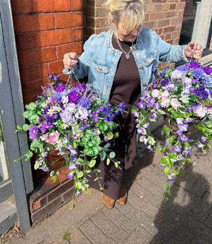 Pair of Lilac & Purple Flower Hanging Baskets ~ Artificial