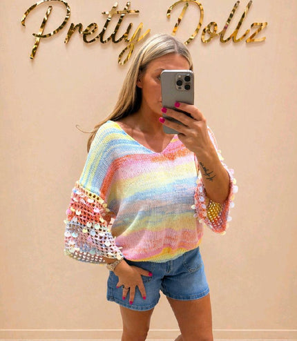 Sabrina ~ V Neck Ombre Jumper With Open Knit Embellished Sleeves