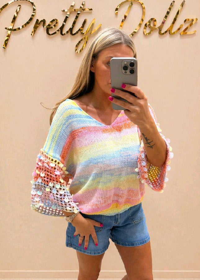 Sabrina ~ V Neck Ombre Jumper With Open Knit Embellished Sleeves