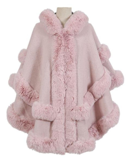 Poncho Cape With Luxury Faux Fur Trimming With Hood ~ Pale Pink