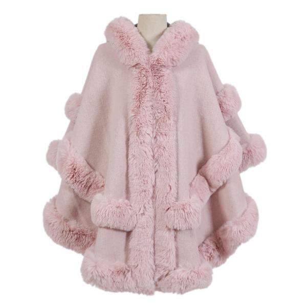 Poncho Cape With Luxury Faux Fur Trimming With Hood ~ Pale Pink