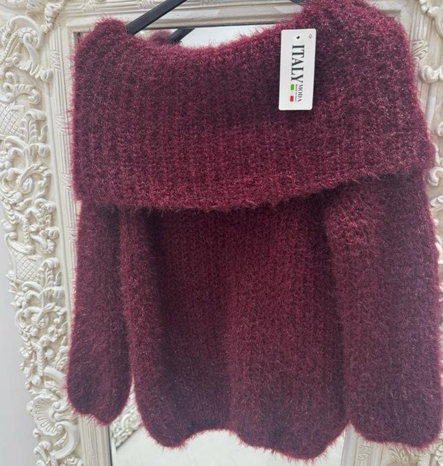 Connie ~ Luxury Knit Bardot Jumper ~ Burgundy