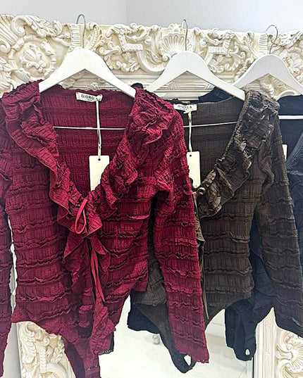 Leanna ~ Lace Frill Bodysuit ~ Burgundy