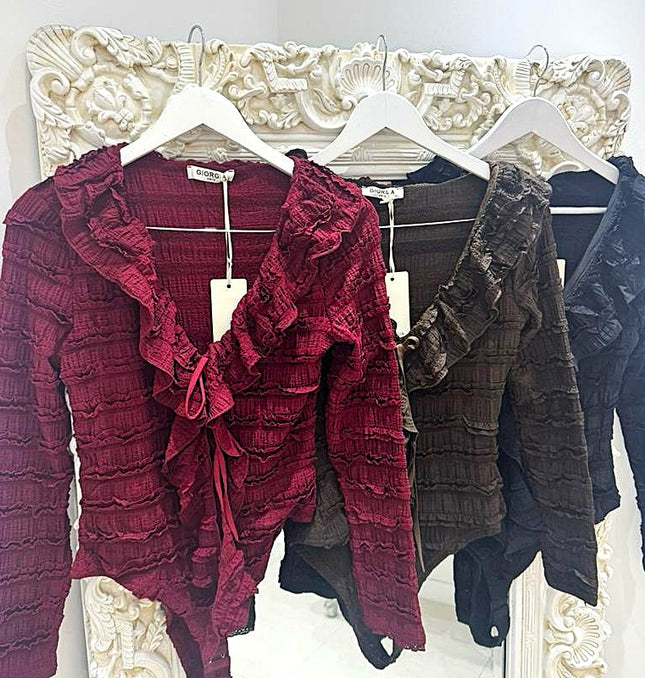 Leanna ~ Lace Frill Bodysuit ~ Burgundy