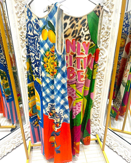 Amara ~ Sleeveless Shimmer Vibrant Print Maxi Dress/Cover Up