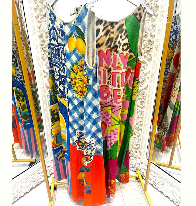 Amara ~ Sleeveless Shimmer Vibrant Print Maxi Dress/Cover Up