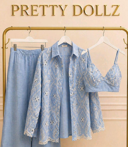 Blue With White Embroidery Bralet, Shirt & Wide Leg Trousers Co-Ord Set