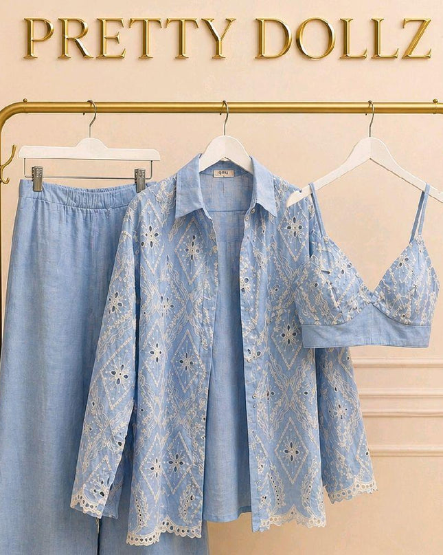 Sian ~ Blue With White Embroidery Bralet, Shirt and Wide Leg Trousers Co-Ord Set