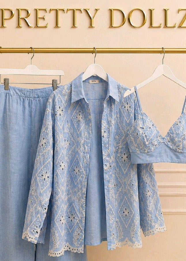 Sian ~ Blue With White Embroidery Bralet, Shirt and Wide Leg Trousers Co-Ord Set