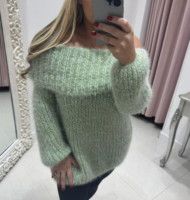 Connie ~ Luxury Knit Bardot Jumper ~ Sage