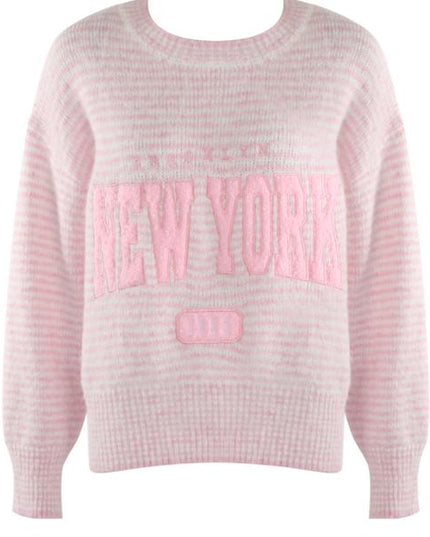 Pastel Striped Embroidered Slogan Knitted Jumper