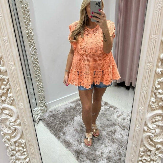 Kacie  ~ Crochet Lace Ruffle Top/Tunic ~ Coral