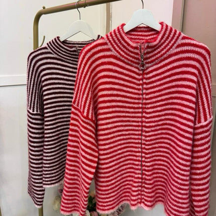 Amy ~ Stripe Full Zip Soft Knit Jumper