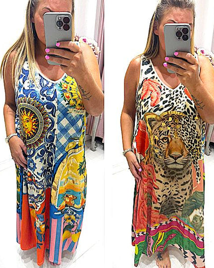 Amara ~ Sleeveless Shimmer Vibrant Print Maxi Dress/Cover Up