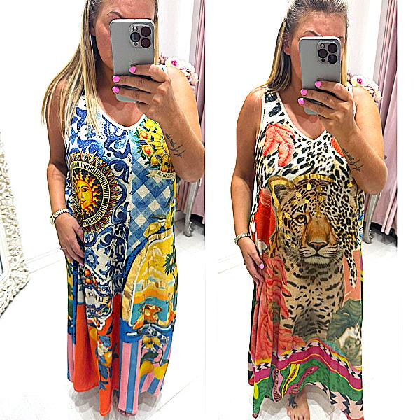 Amara ~ Sleeveless Shimmer Vibrant Print Maxi Dress/Cover Up