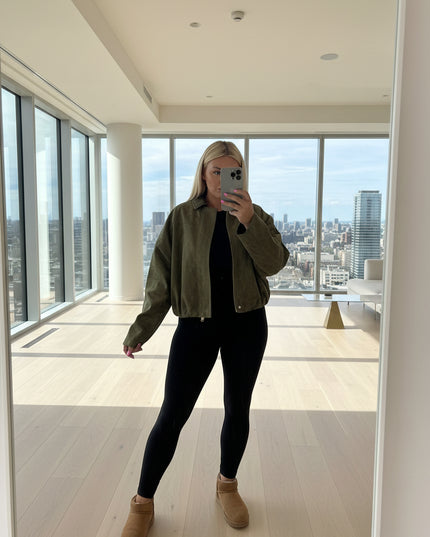 Khaki Green Faux Suede Oversized  Bomber Jacket