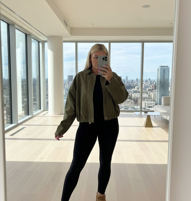 Khaki Green Faux Suede Oversized  Bomber Jacket