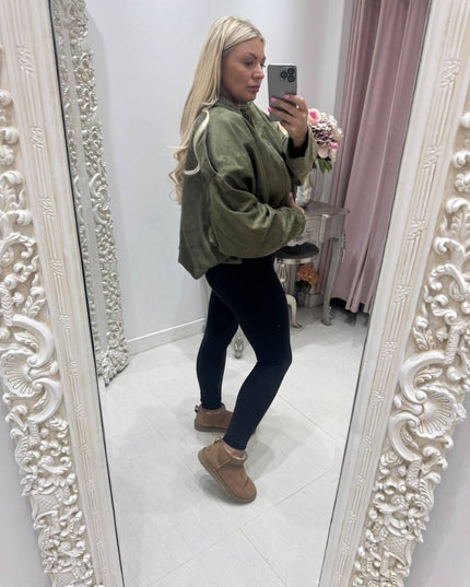 Khaki Green Faux Suede Oversized  Bomber Jacket