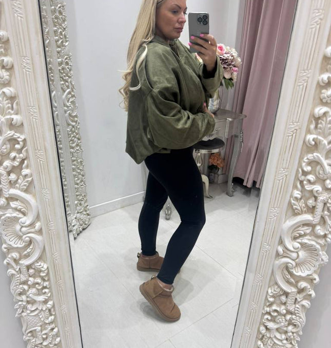 Khaki Green Faux Suede Oversized  Bomber Jacket