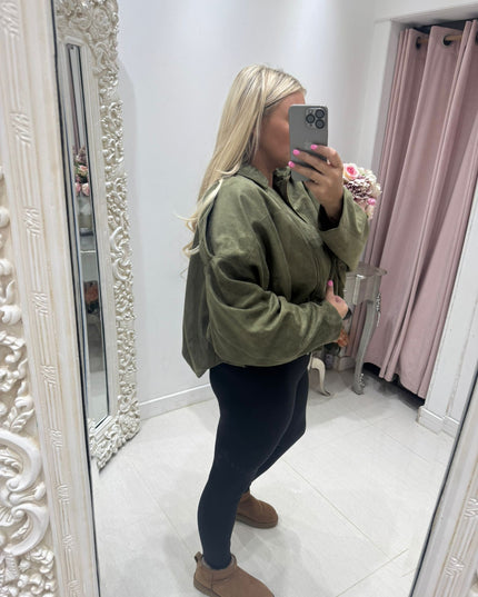 Khaki Green Faux Suede Oversized  Bomber Jacket