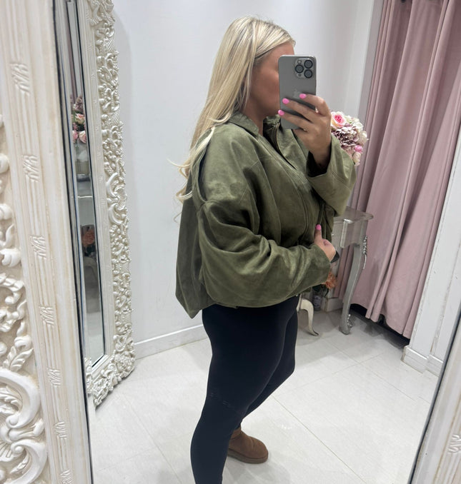 Khaki Green Faux Suede Oversized  Bomber Jacket