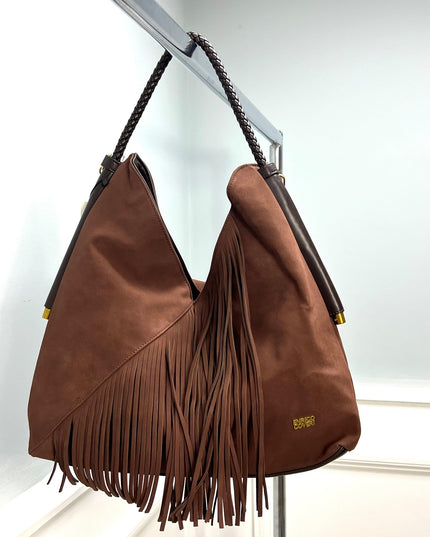 Large Brown Tassel Fringed Faux Suede Slouch Handbag