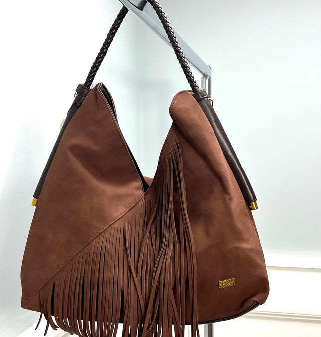 Large Brown Tassel Fringed Faux Suede Slouch Handbag