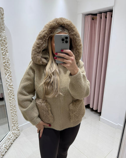 Mishca ~ Black or Beige Thick Fur Knit Zip Up Hooded Cardigan/Jacket