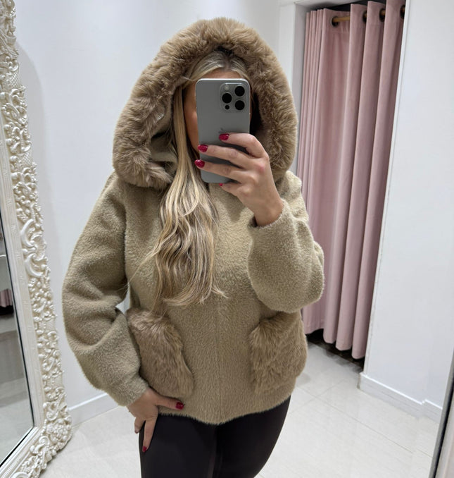 Mishca ~ Black or Beige Thick Fur Knit Zip Up Hooded Cardigan/Jacket