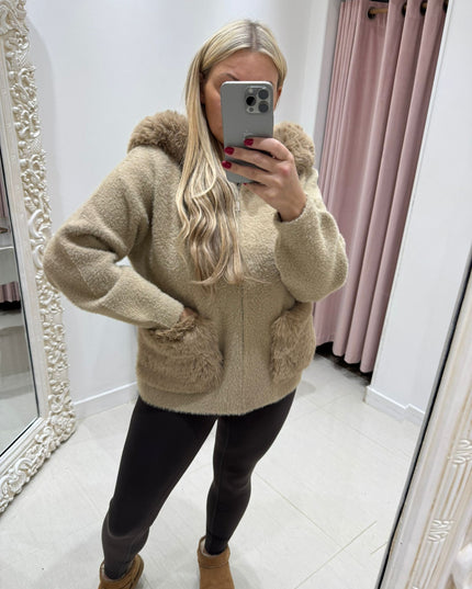 Mishca ~ Black or Beige Thick Fur Knit Zip Up Hooded Cardigan/Jacket
