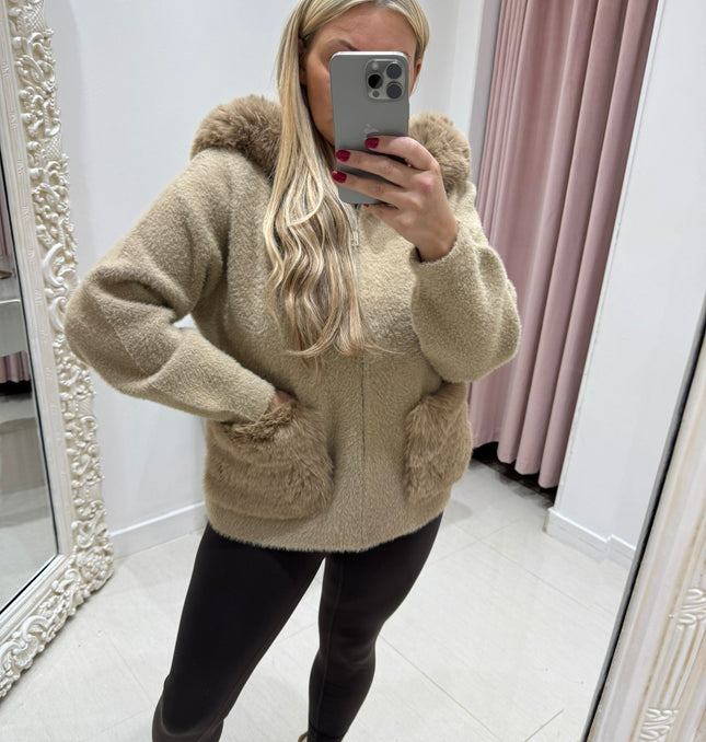 Mishca ~ Black or Beige Thick Fur Knit Zip Up Hooded Cardigan/Jacket