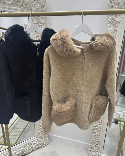 Mishca ~ Black or Beige Thick Fur Knit Zip Up Hooded Cardigan/Jacket