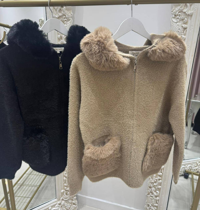 Mishca ~ Black or Beige Thick Fur Knit Zip Up Hooded Cardigan/Jacket