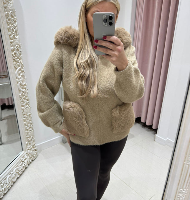 Mishca ~ Black or Beige Thick Fur Knit Zip Up Hooded Cardigan/Jacket