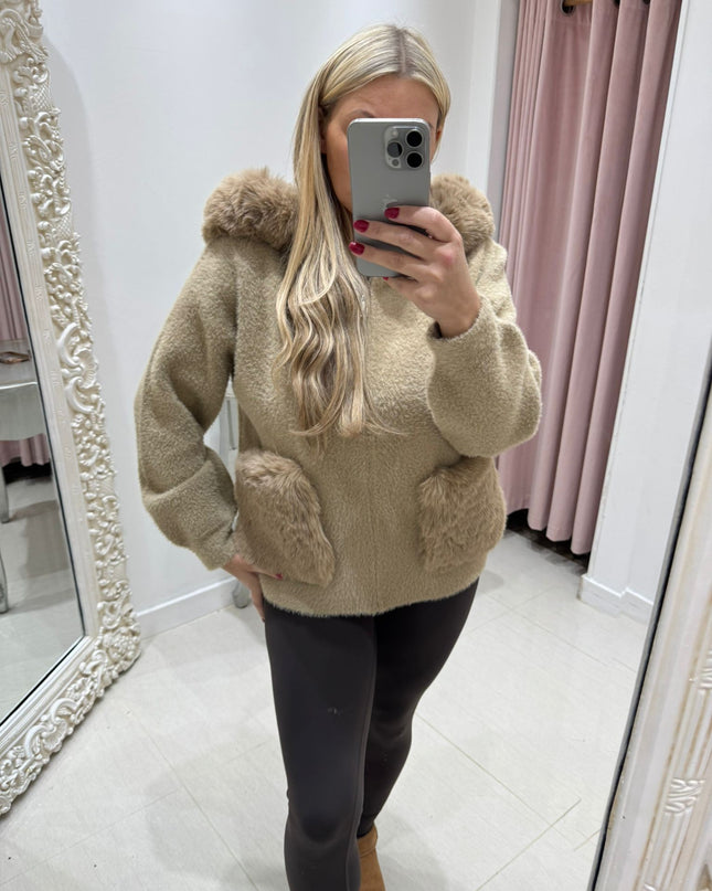 Mishca ~ Black or Beige Thick Fur Knit Zip Up Hooded Cardigan/Jacket