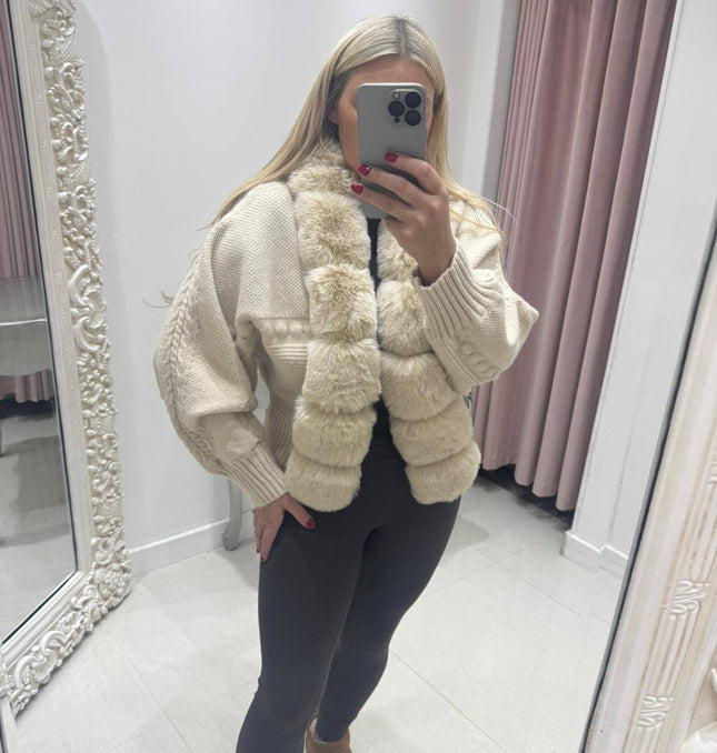 Carmel ~ Faux Fur Heavy Cable Knit Cardigan