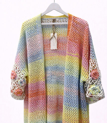Carla  Pink  Ombre Open Knitted Cardigan With Crochet Flowers on Sleeves