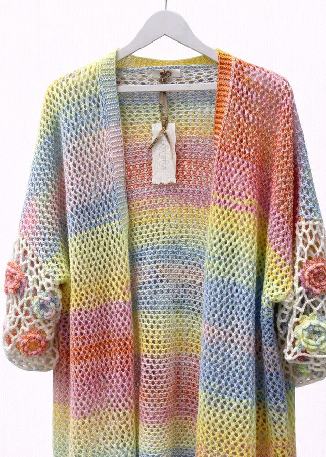 Ombre Open Knitted Cardigan With Crochet Flowers