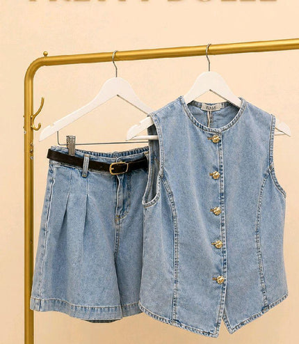 Teegan ~ Denim Blue Waistcoat & Tailored Belted Matching Denim Shorts