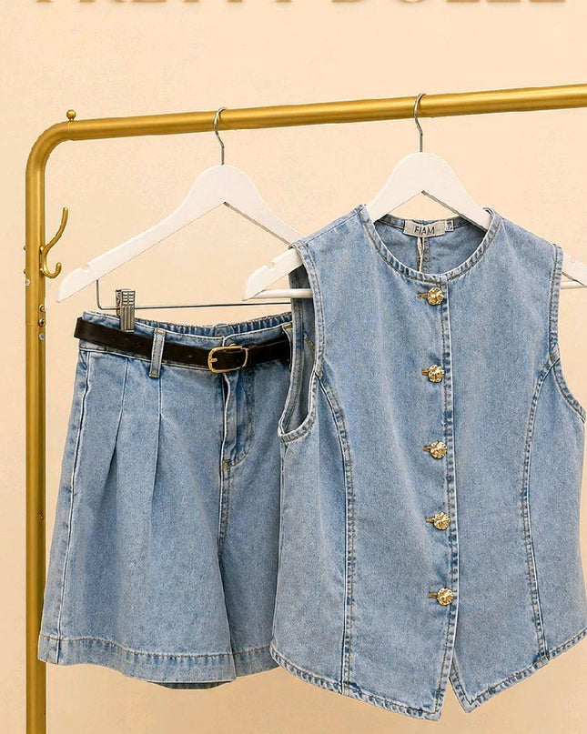 Teegan ~ Denim Blue Waistcoat & Tailored Belted Matching Denim Shorts
